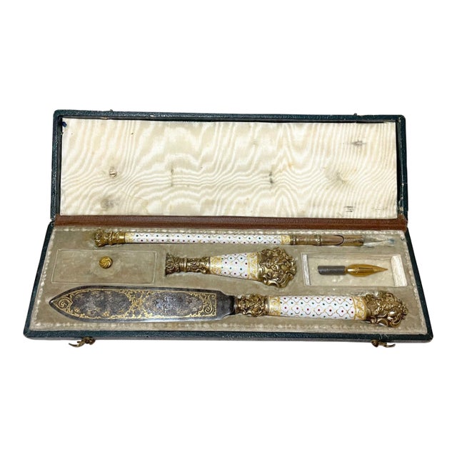 Set of 6, 1800's French Sterling Silver Gilt Paillonné Enamel Was Seal Pen Writing Set For Sale