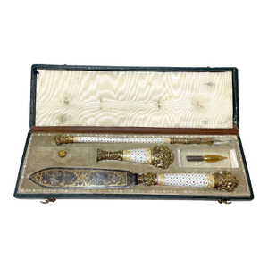 Set of 6, 1800's French Sterling Silver Gilt Paillonné Enamel Was Seal Pen Writing Set