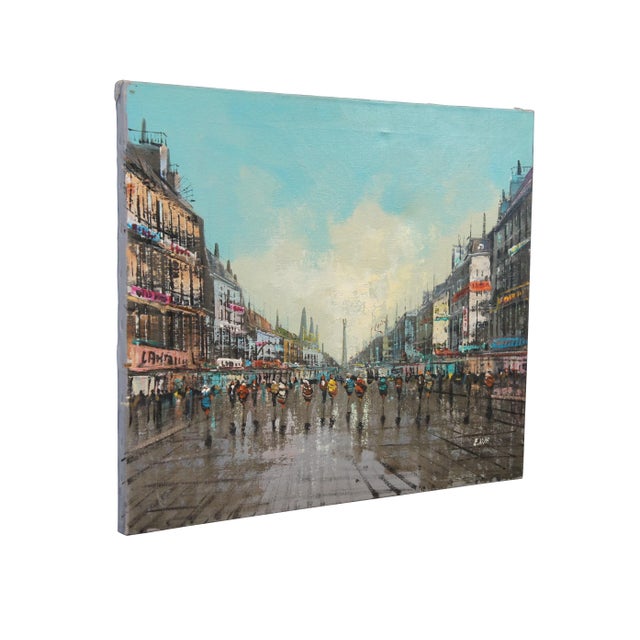 Mid to late 20th century French impressionist oil painting on canvas cityscape by E. Vitti. Depicts a broad Paris (France)...
