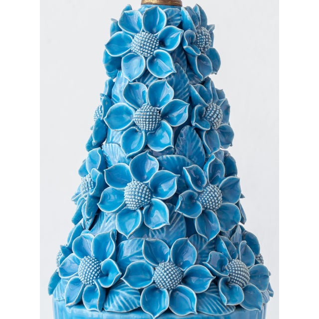 Hand-Carved Turquoise Floral Ceramic Table Lamp with Silk Lampshade from Manises, Spain, 1960s For Sale - Image 14 of 16