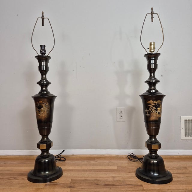 Mid-20th Century Signed Japanese Oversized Etched Bronze Table Lamps W/ Original Hand Painted Shades, a Pair For Sale In Washington DC - Image 6 of 13