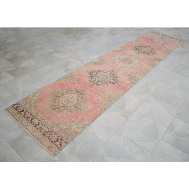 1970s Long Turkish Hallway Runner 3x13, Muted Pink and Green Oushak Rug, Hand Knotted Vintage Runner, Mid-Century Entryway Rug For Sale - Image 5 of 15