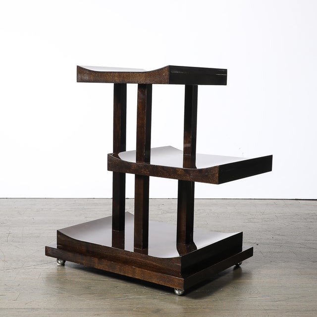 Art Deco Rectilinear Swooping Three Tier Walnut Offset Side Table W/ Plinth Base For Sale - Image 13 of 15