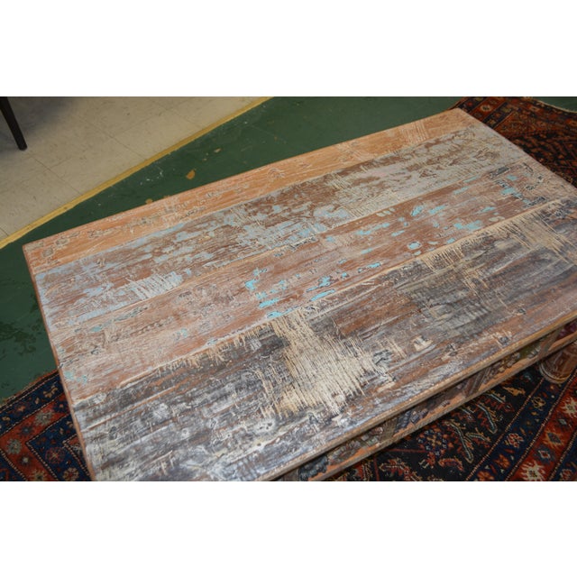 1980s Rustic Carved Panel Tan Wood Coffee Table W/ Aqua / Brown Bleached Indian For Sale - Image 10 of 16