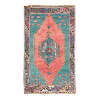 Tribal Design Vintage Turkish Rug in Teal, Blue, Green, Charcoal & Coral For Sale