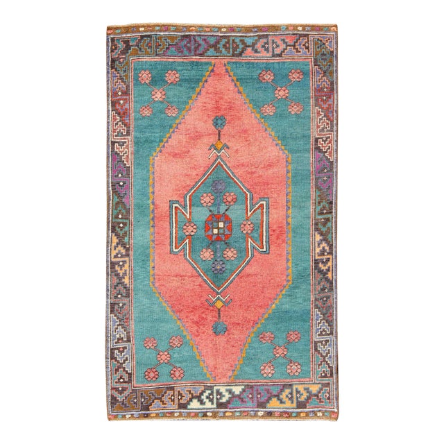 Tribal Design Vintage Turkish Rug in Teal, Blue, Green, Charcoal & Coral For Sale