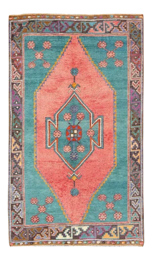 Tribal Design Vintage Turkish Rug in Teal, Blue, Green, Charcoal & Coral