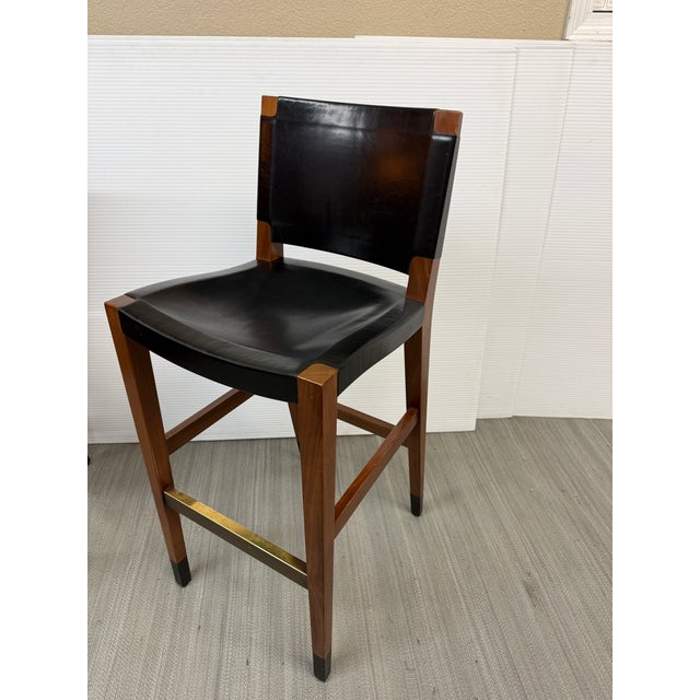2010s Walnut Wood + Black Leather Bar Stools, Pair For Sale - Image 5 of 12