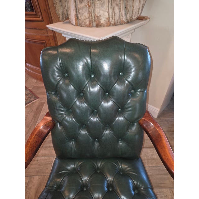 Animal Skin Vintage Fully Tufted Green Leather Gooseneck Chair For Sale - Image 7 of 9