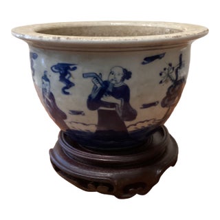 Antique Chinese Kangxi Style Blue & White Glazed Jardiniere Qing Dinasty (1644-1912) on Wood Base For Sale