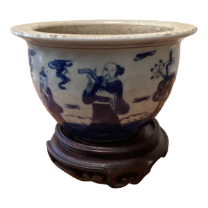 Antique Chinese Kangxi Style Blue & White Glazed Jardiniere Qing Dinasty (1644-1912) on Wood Base