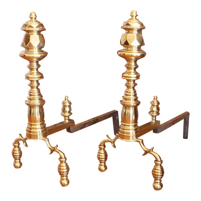 Pair of Antique English Turned Brass Andirons With “Beehive” Feet For Sale