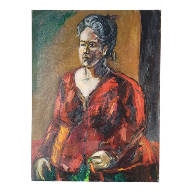 Vintage Portrait "Woman in Red Dress" Expressionist Oil Painting by Rosemary Rabut Signed 18x24 For Sale