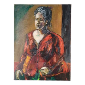 Vintage Portrait "Woman in Red Dress" Expressionist Oil Painting by Rosemary Rabut Signed 18x24