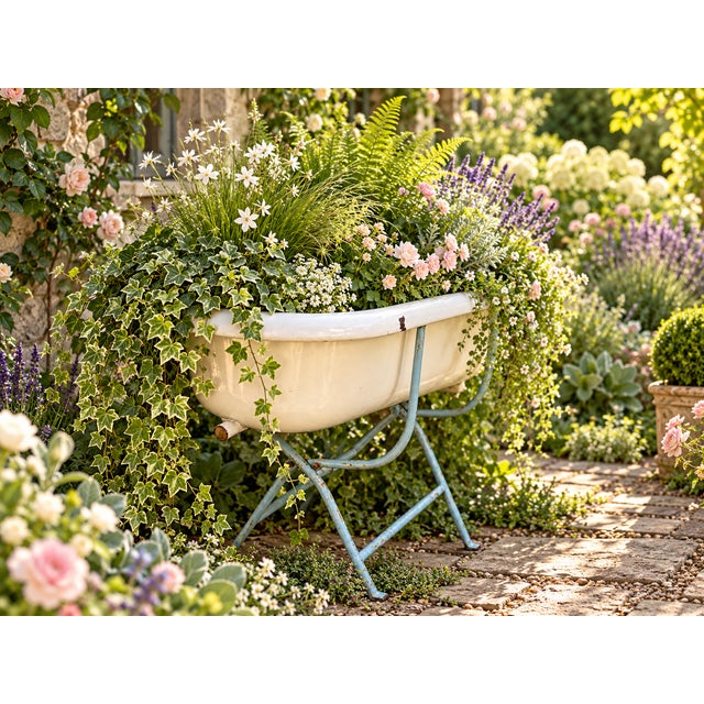 Paint Vintage Hungarian White Enamel Bathtub With Pale Blue Metal Stand For Sale - Image 7 of 7