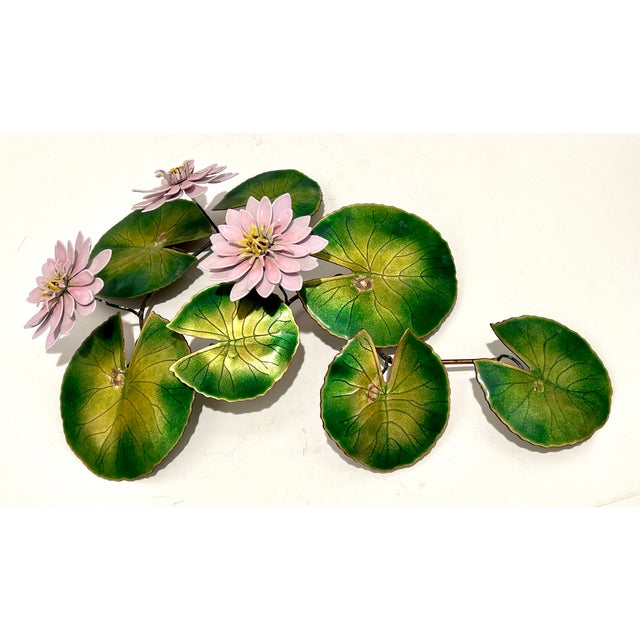 Vintage Enameled Copper Water Lily Wall Sculpture Pink Lotus Lily Pad Mid Century Decor For Sale - Image 4 of 8