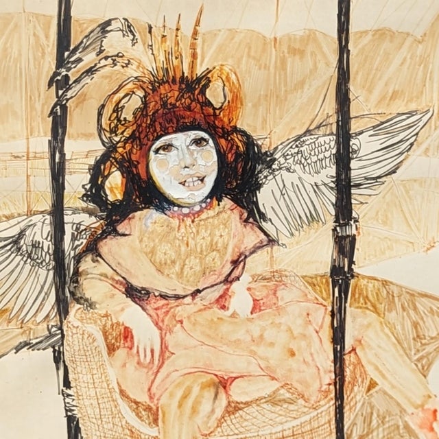 Late 20th Century Charles Pebworth Modern Abstract Neutral Tone Figurative Drawing of a Woman with Wings, Late 20th Century For Sale - Image 5 of 11