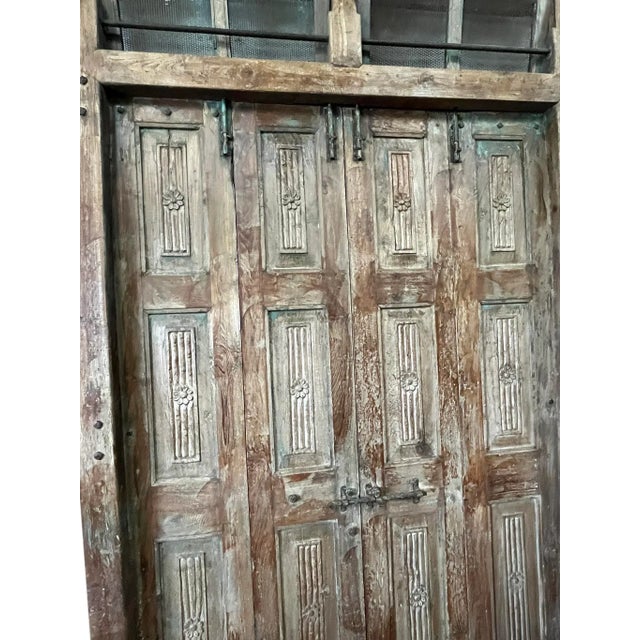 Antique Rustic Carved Exterior Teak Double Hinged Doors, Colonial Plantation Architecture For Sale - Image 9 of 13