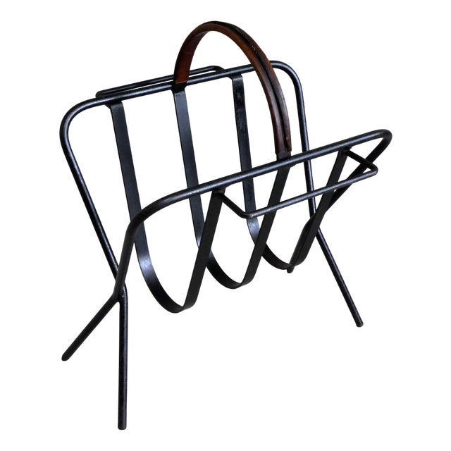 Brutalist Magazine Rack in Metal and Leather, 1960s For Sale