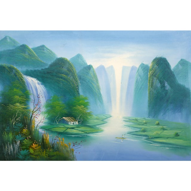 Modern Waterfall With Lily Pads (62), Meijan Yang Oil on Canvas (Unsigned) For Sale - Image 3 of 3