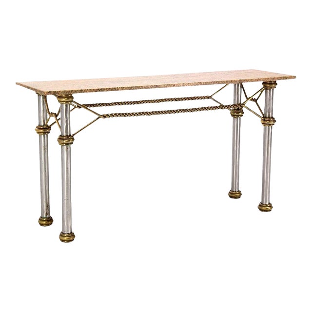Mid Century Modern Solid Brass "Rope" Chrome Base Marble Top Console Sofa Table For Sale