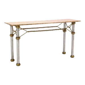 Mid Century Modern Solid Brass "Rope" Chrome Base Marble Top Console Sofa Table