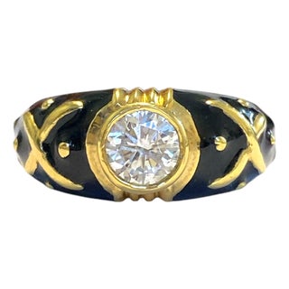Vintage Hidalgo 18k Black Enamel Diamond Solitaire Ring, Size 6.5 For Sale