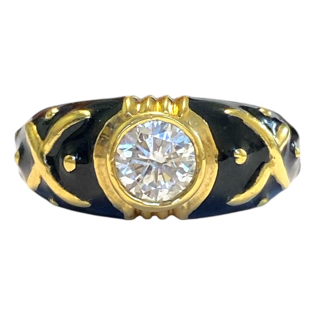 Vintage Hidalgo 18k Black Enamel Diamond Solitaire Ring, Size 6.5 For Sale