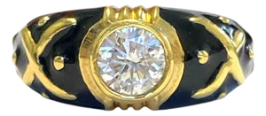 Vintage Hidalgo 18k Black Enamel Diamond Solitaire Ring, Size 6.5