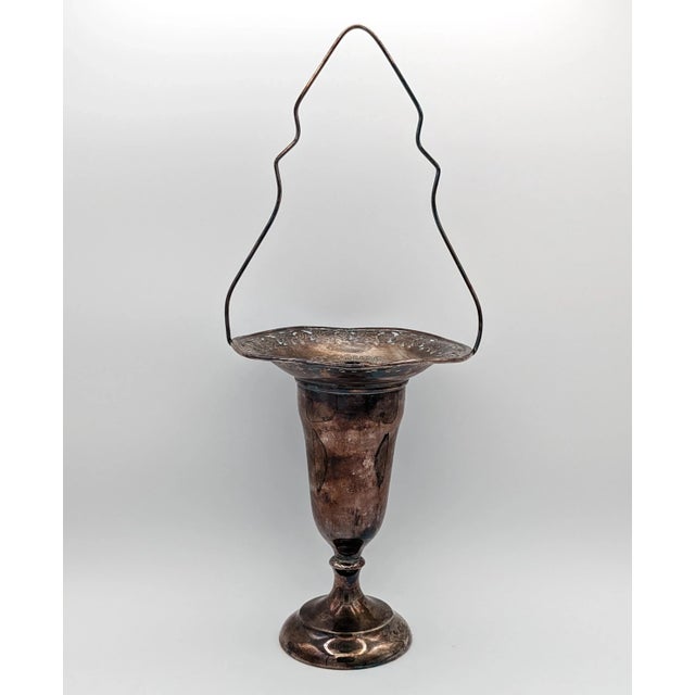 Silver Antique Silver Plated Reticulated Stem Vase Flower Basket With Lead Weighted Flower Frog and Handle, Made in Canada For Sale - Image 8 of 11