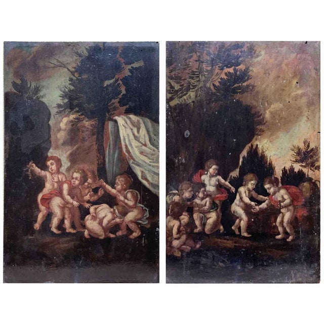 Landscapes with Putti, 1800s, Oil on Panel Paintings, Set of 2 For Sale - Image 11 of 11