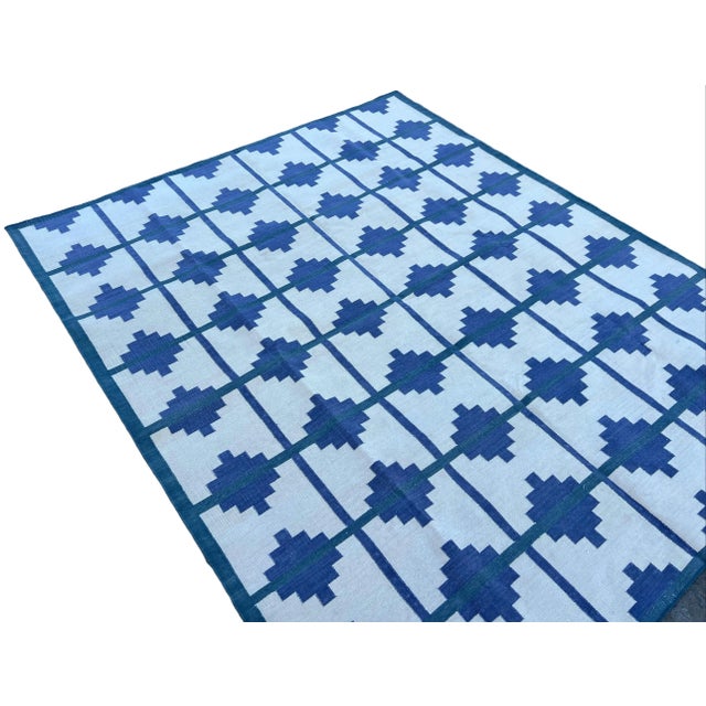 Textile Handmade Cotton Vegetable Dyed Area Rug, Cream, Blue and Teal Blue Star Striped Dhurrie - 9'x12' For Sale - Image 7 of 10