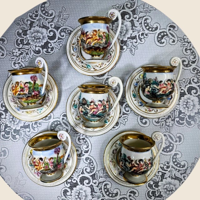 1950s Vintage Porcelain Tea Cup & Saucer Set Hand-Painted White, Gold & Jewel Tones- 12 Pieces For Sale - Image 17 of 18