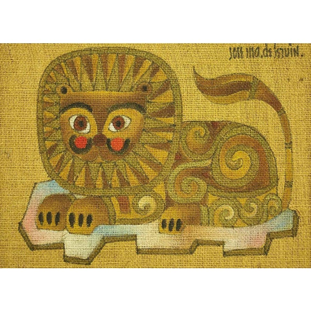 Painting on burlap by Jose Maria de Servin of an Abstract Naive Lion animal using bright colors and geometric patterns. In...