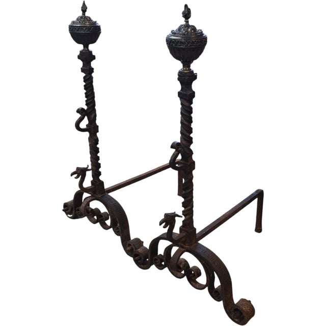 Spanish Mid 19th Century A Large Pair of Spanish Wrought Iron Andirons For Sale - Image 3 of 5