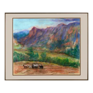 Late 20th Century Pioneer Mountain Landscape Pastel Drawing with Horse and Buggy, Framed