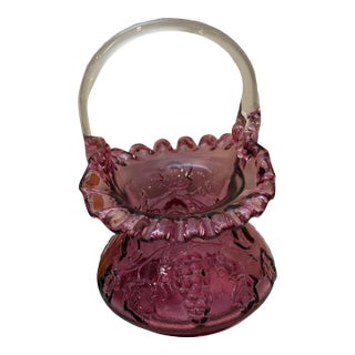1980s Fenton Art Glass Country Cranberry Purple Basket With Grapes and Leaves For Sale