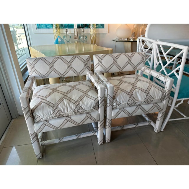 Vintage pair of parsons arm chairs armchairs. In the style of Milo Baughman. These have been newly upholstered....