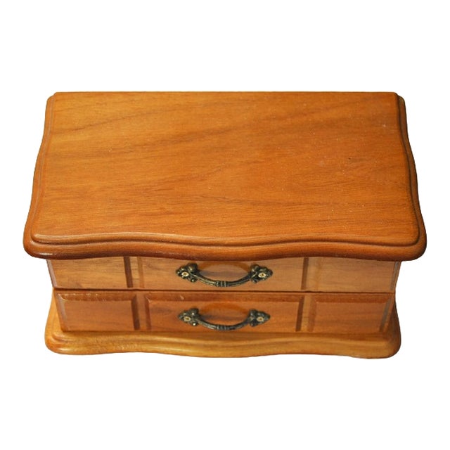 Vintage Wood Jewelry Box With Drawers and Mirror For Sale