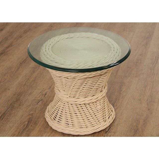 Traditional Quality Vintage Round Wicker Rattan Glass Top Side Table For Sale - Image 3 of 13