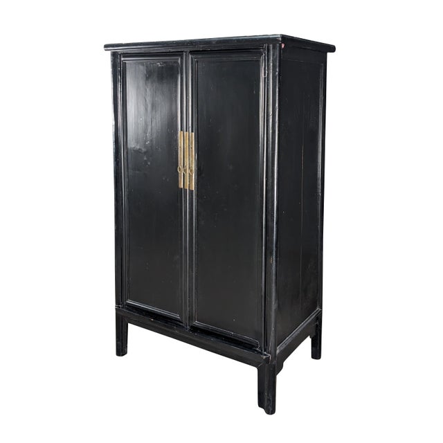 Chinoiserie Antique Chinese Qing Dynasty Black Lacquer Elm Wedding Cabinet Armoire Wardrobe For Sale - Image 3 of 15