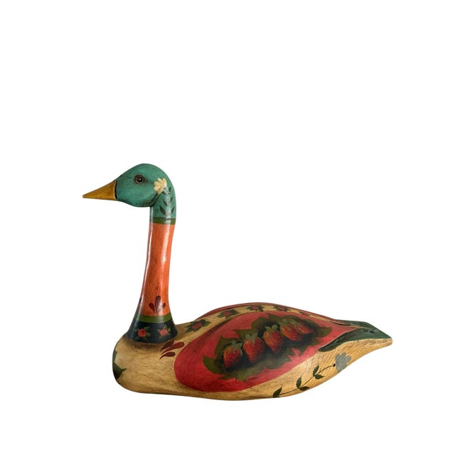 Folk Art Vintage Folk Art Hand Painted Wooden Duck/ Swan Statue For Sale - Image 3 of 12