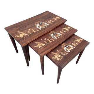 Vintage Mid Century Anglo Indian Bone and Wood Inlaid Rosewood Nesting Tables - Set of 3 For Sale