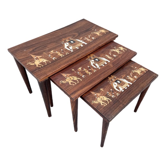Vintage Mid Century Anglo Indian Bone and Wood Inlaid Rosewood Nesting Tables - Set of 3 For Sale