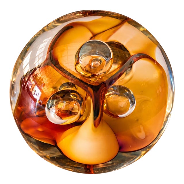 Vintage English Langham Studio Art Glass Paperweight With Amber Swirls and Bubbles For Sale