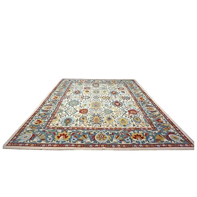 Afghan Sultanabad Wool 13x16 Ivory, Red & Light Blue Handmade Area Rug #1143763 For Sale - Image 4 of 12