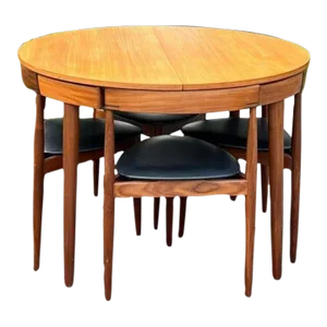 Rare Mid 20th Century Danish Teak Hans Olsen for Frem Rojle Expanding Dining Table With 4 Triangular Nesting Chairs