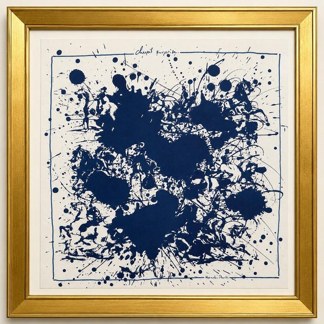 Authentic Original Framed Hermès Blue Abstract Splash Art Print in Gold Frame Contemporary Modern Wall Art Advertisement For Sale In Miami - Image 6 of 6