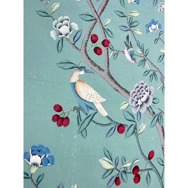 Chinoiserie Hand Painted Dusty Blue Chinoiserie Floral & Bird Mural 4-Panel Set For Sale - Image 3 of 5