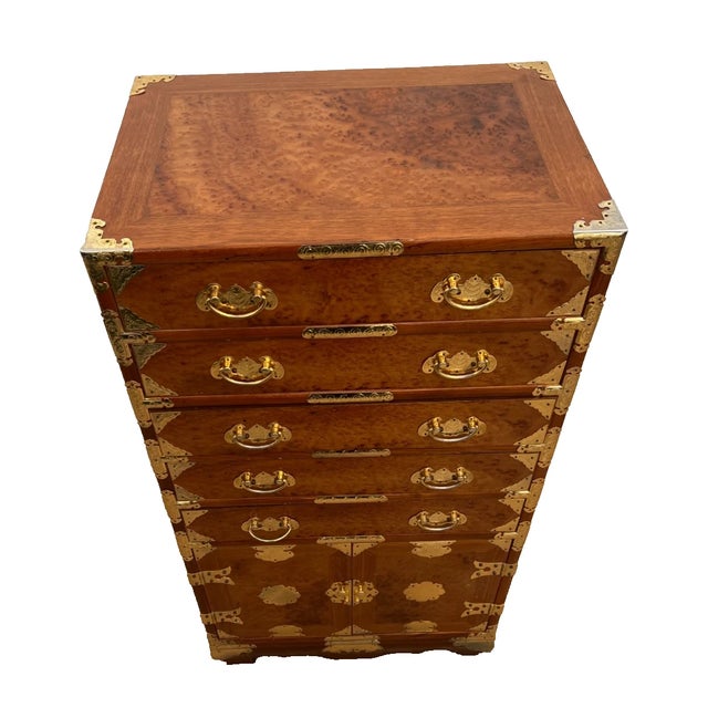 Wood Vintage Korean Elm Burl Brass Bound Bandaji Scholars Chest Wedding Cabinet Felt For Sale - Image 7 of 11